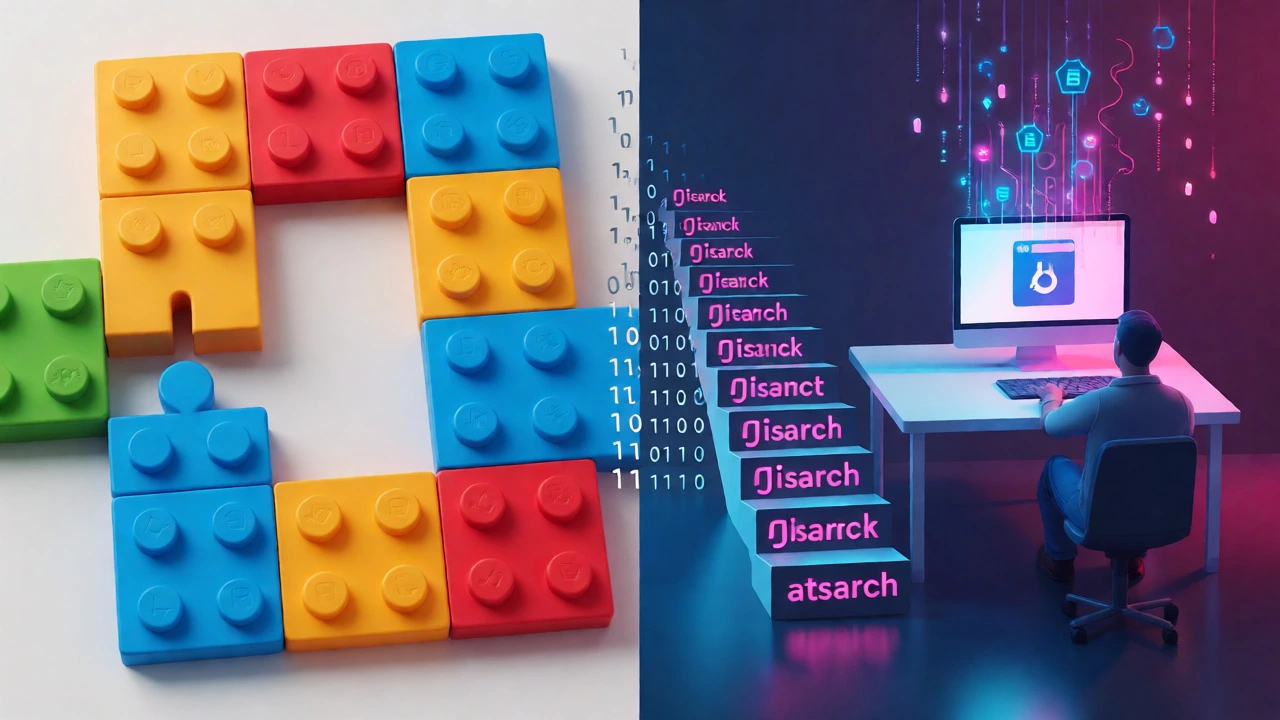 Split image showing Scratch blocks transitioning to JavaScript workflow