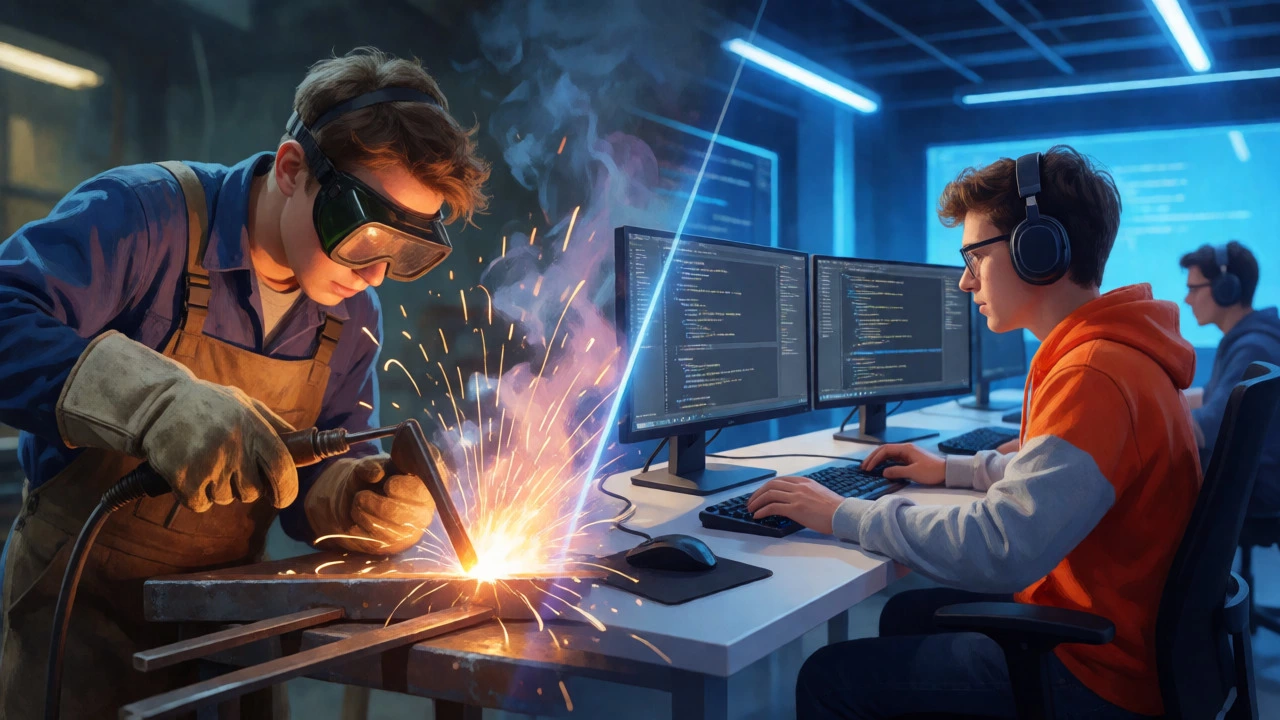 Split view of a welder in a workshop and a coder in a modern tech lab