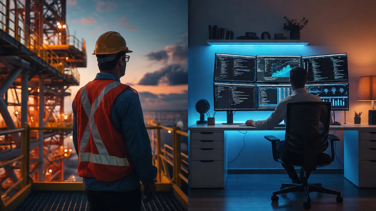 Split view of an oil rig engineer and a tech worker in their environments.