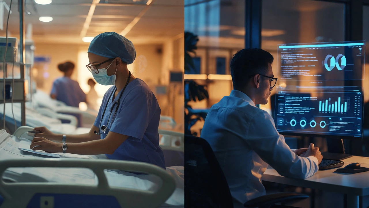 Split view of nurse in hospital and tech analyst with data visuals