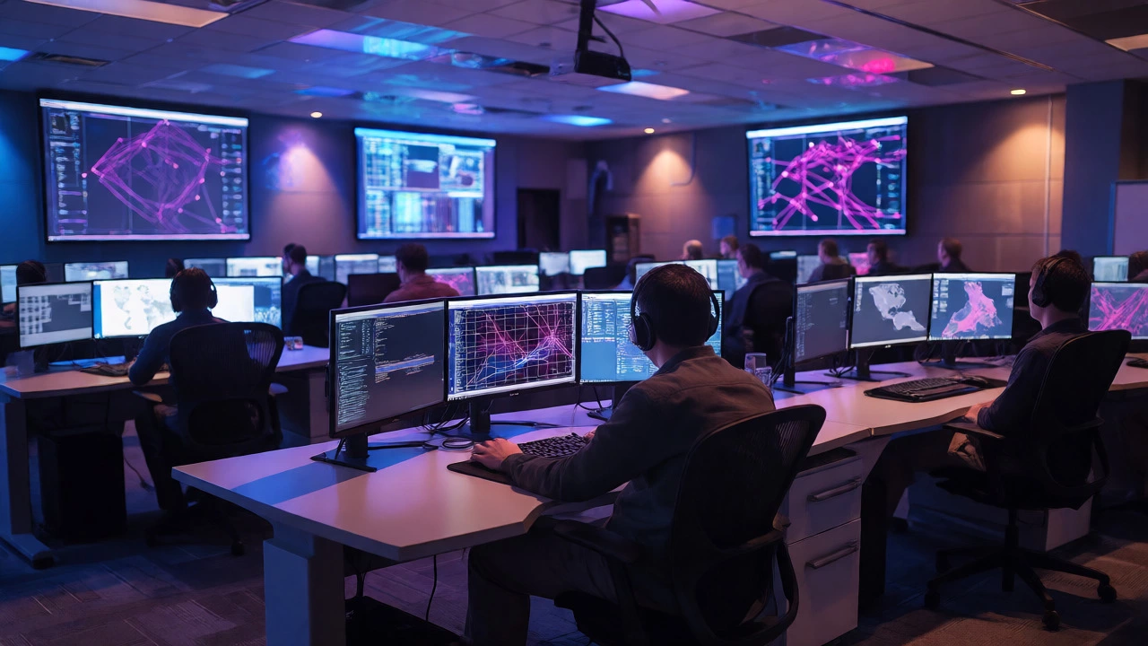 Analysts working in a dimly lit signals intelligence operations room