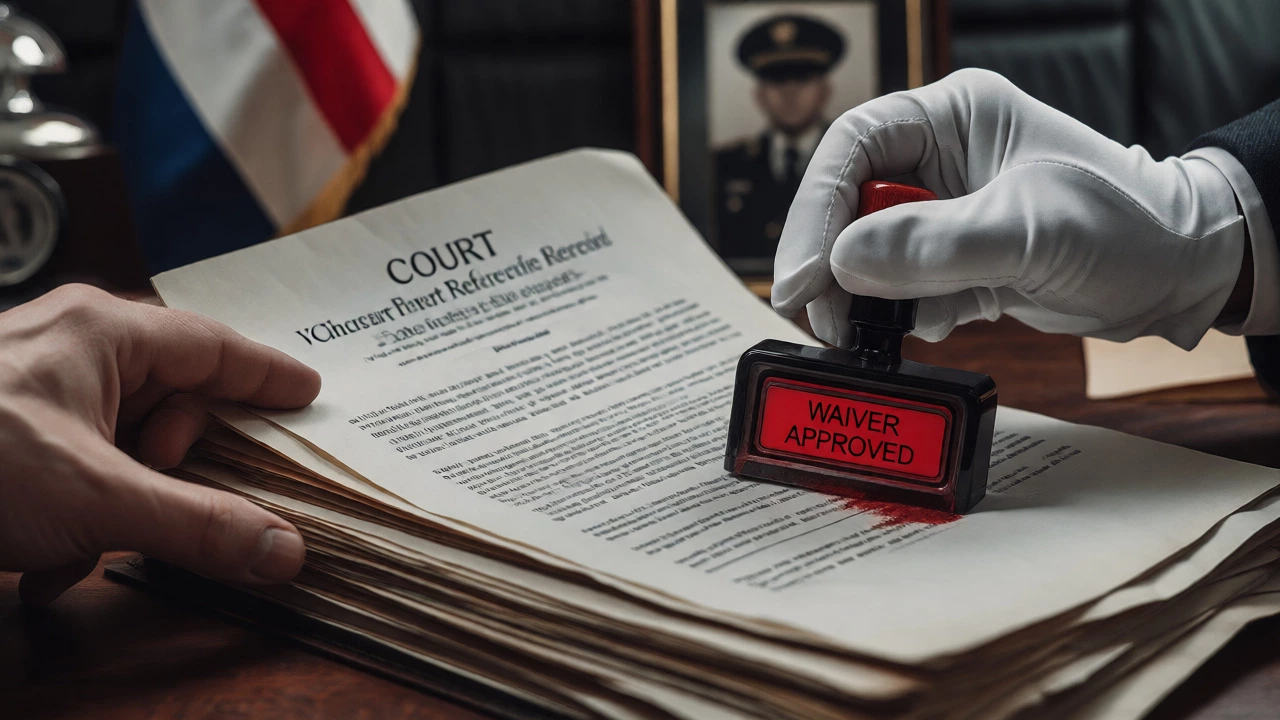 Close-up of stamped waiver approval on military paperwork