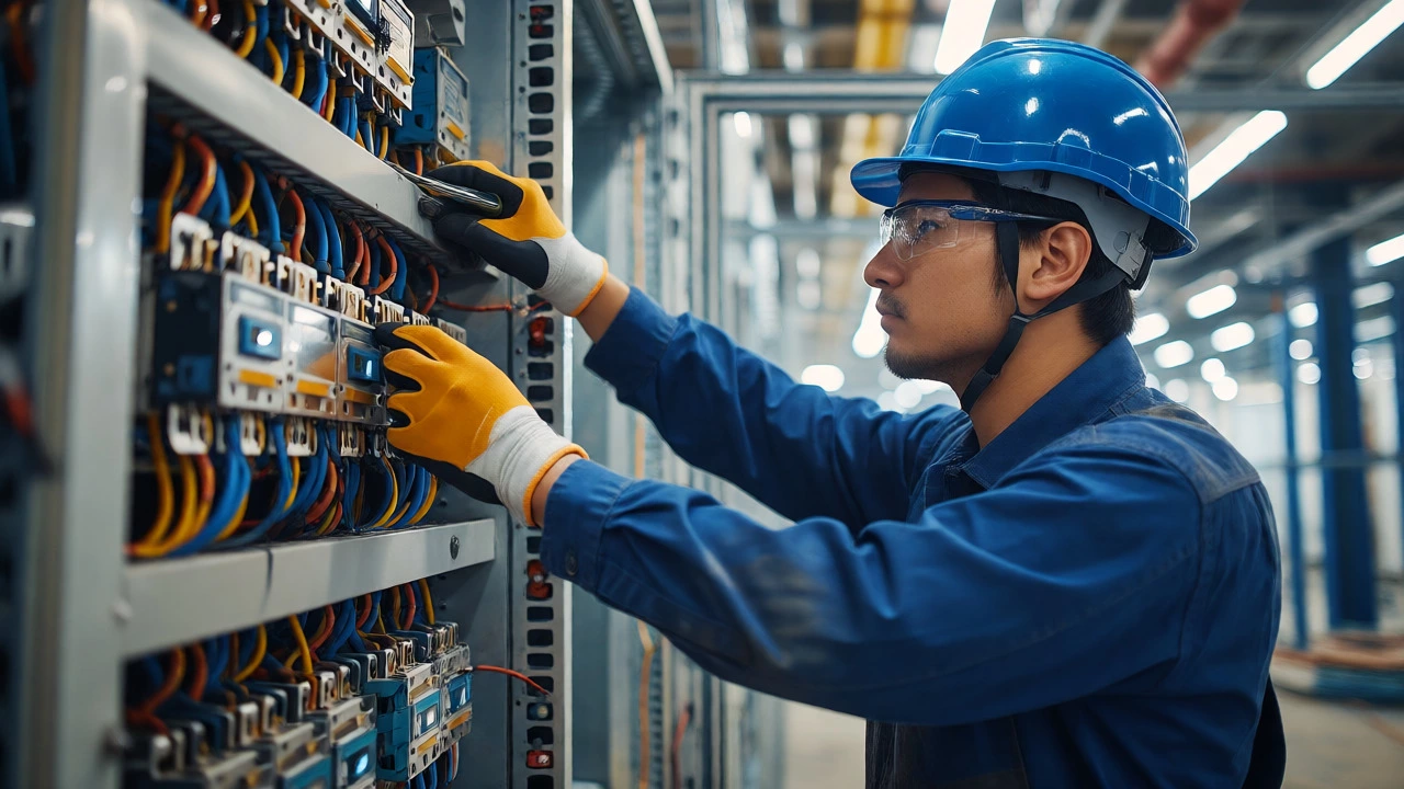 Electrician working on an industrial electrical panel