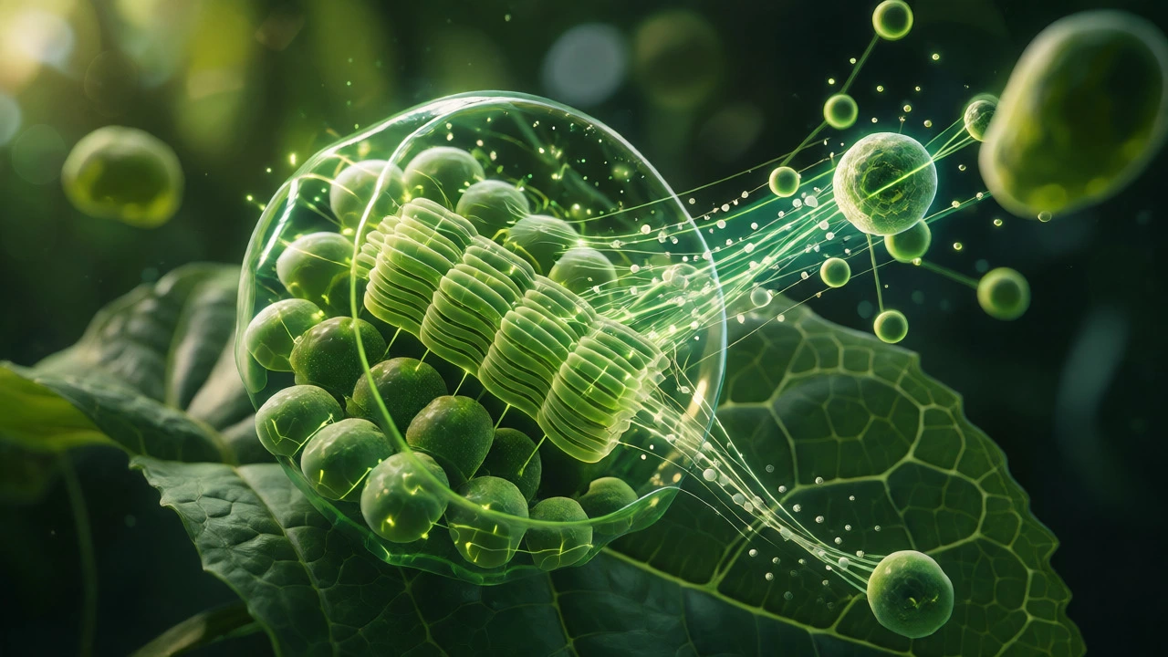 Glowing chloroplasts showing photosynthesis pathways