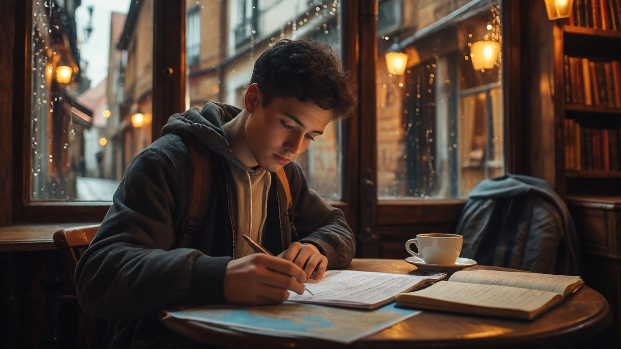 International student planning studies in a cozy European cafe by a rainy window