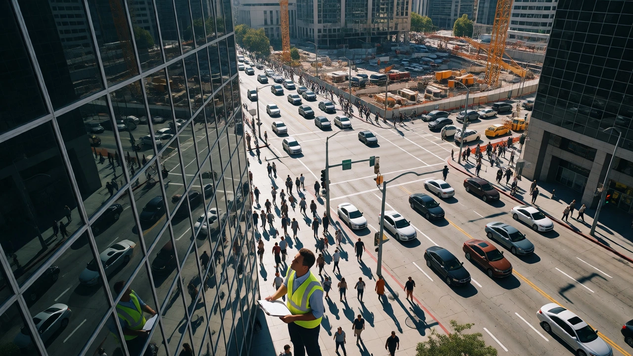 Job seeker standing in busy city street near office buildings