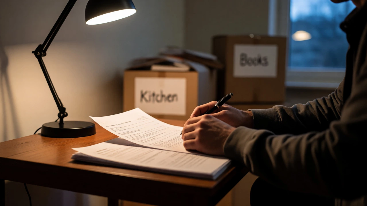 Person signing rental agreement at table with moving boxes