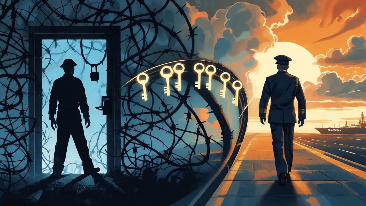 Silhouette crossing bridge from maze to military uniform