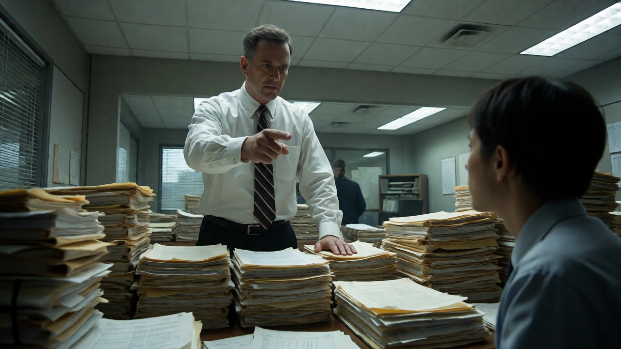 Supervisor reviewing files with an employee in a tense office meeting